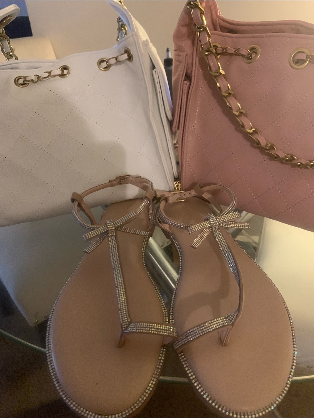 BAMBOO Blush Nude T-Strap Rhinestone Bow Sandals